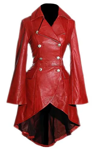 Valentina Red Ladies Women's Military Style Double Breasted Knee Length Designer Steampunk Real Soft Lambskin Leather Fashion Corset Flare Coat Tailcoat (20) steampunk buy now online