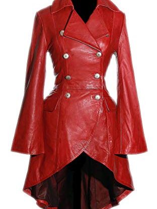 Valentina Red Ladies Women's Military Style Double Breasted Knee Length Designer Steampunk Real Soft Lambskin Leather Fashion Corset Flare Coat Tailcoat (20) steampunk buy now online