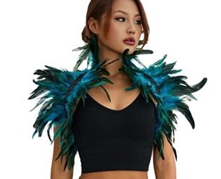 ESSECMBS Womens Natural Feather Cape Costume Gothic Lacing Shawl Shrug Collar Feather Cloak for Halloween Cosplay Christmas Party (Lake Blue, Adult Size) steampunk buy now online