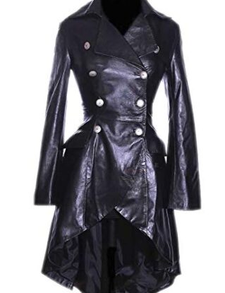 Valentina Black Ladies Women's Military Style Double Breasted Knee Length Designer Steampunk Real Soft Lambskin Leather Fashion Corset Flare Coat Tailcoat (14) steampunk buy now online