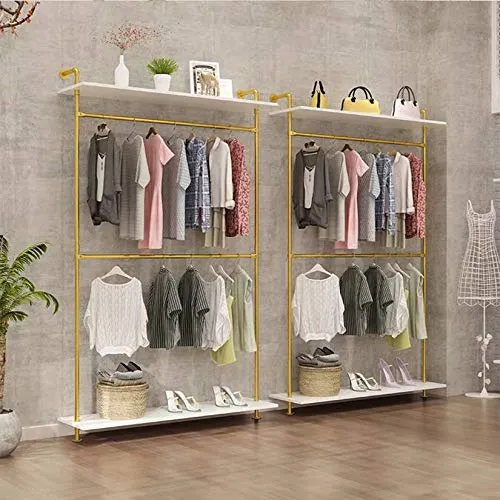 MDEPYCO Modern Simple Industrial Metal Pipe Double Hanging Rods Clothing Rack,Retail Wall Mounted Display Storage Clothes Bag Hanging Shelf,2 Tier Wood Garment Rack (One Shelves,Gold, 59" L) steampunk buy now online