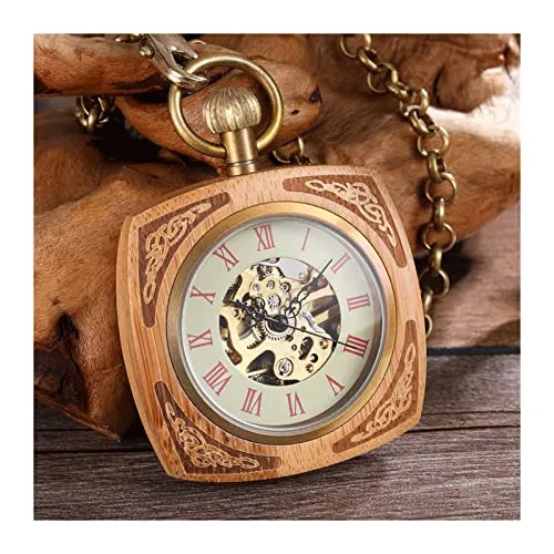 Unique Square Wooden Mechanical Pocket Watch Man Women Exquisite Carved Design Steampunk Skeleton Small Ring Chain Pocket Clock (A) steampunk buy now online