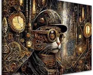 Kunstloft 'Steampunk Cat Chronicles' Canvas Print 100x70 cm Landscape Pop Art Modern Wall Art for Living Room, Office, Bedroom steampunk buy now online