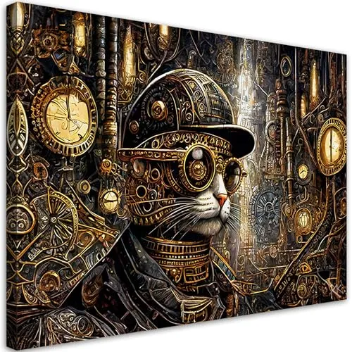 Kunstloft 'Steampunk Cat Chronicles' Canvas Print 100x70 cm Landscape Pop Art Modern Wall Art for Living Room, Office, Bedroom steampunk buy now online