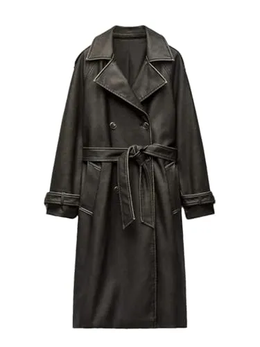Women Long Pu Trench Coat Lady Streetwear Vintage Double Breasted Lace-Up Faux Leather Jacket Picture color XS steampunk buy now online