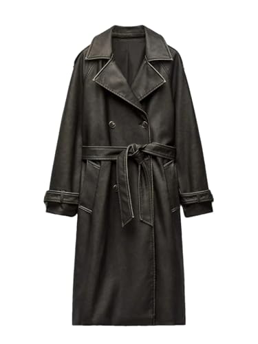 Women Long Pu Trench Coat Lady Streetwear Vintage Double Breasted Lace-Up Faux Leather Jacket Picture color XS steampunk buy now online