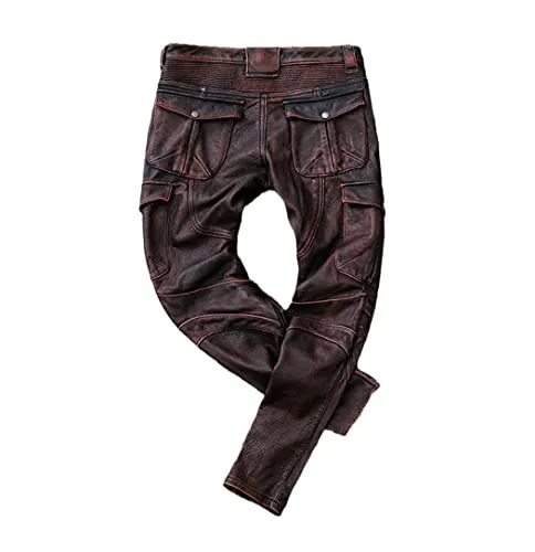 Vintage Brown Genuine Leather Trousers Autumn Men Motorcycle Large Size Cowhide Slim Fit Pants steampunk buy now online