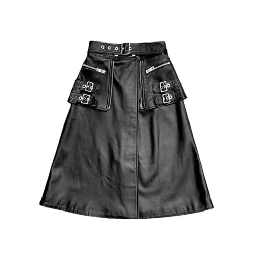 Women 100% Lambskin Leather Heavy Metal Fitting Pockets Clothes A-Line Punk Rock Skirt Black L steampunk buy now online
