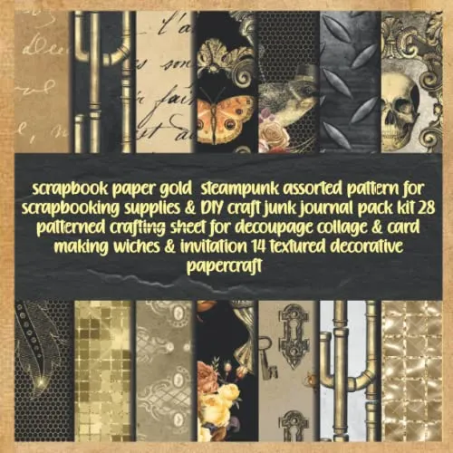 scrapbook paper gold steampunk assorted pattern for scrapbooking supplies & DIY craft junk journal pack kit 28 patterned crafting sheet for decoupage ... invitation 14 textured decorative papercraft steampunk buy now online