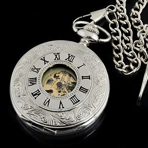 OIFMKC Pocket watch Silver Case Roma Dial Hand Wind Mechanical Pocket Watch With Chain 38cm relogio de bolso steampunk buy now online