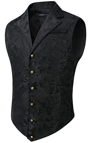 HISDERN Men's Paisley Waistcoat Black Printed Gothic Steampunk Vintage Lapel Waistcoat Shiny Wedding Party Vest for Suit or Tuxedo,(Black, L) steampunk buy now online