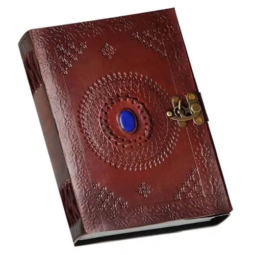 10 Inch Leather Journal with blue stone Writing Pad Blank Notebook Handmade Notepad For Men & Women Unlined Paper Best Present Art Sketchbook Travel Diary To Write Book Of Shadow Refillable Grimoire steampunk buy now online