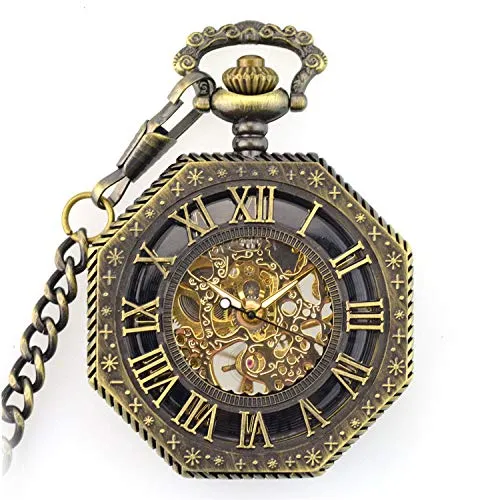 OIFMKC Pocket watch Retro Steampunk Hexagonal Roman Number Pocket Watch with FOB Chain Vintage Fob Watch Mechanical Pocket Watch Whoessale steampunk buy now online