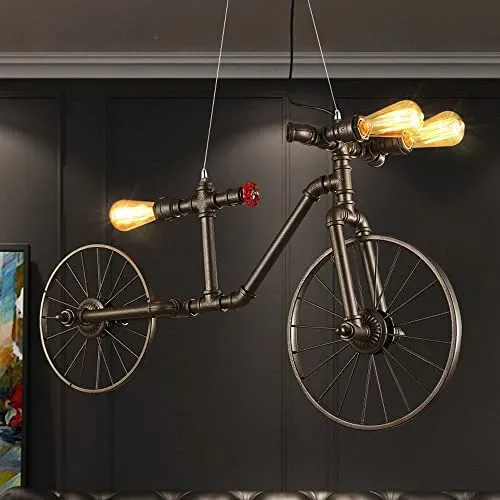 GRAWIT Wrought Iron Pendant Light Vintage Industrial Pendant Light Fixtures Retro Loft Chandeliers Unique Antique Steampunk Bicycle Wrought Iron Water Pipe Lamp beautiful scenery steampunk buy now online