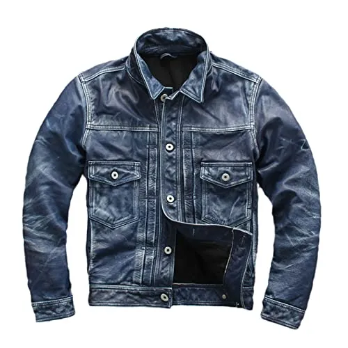 SXBYIAEG Blue Leather Jacket Men Single Breasted Plus Size Autumn Short Coat steampunk buy now online
