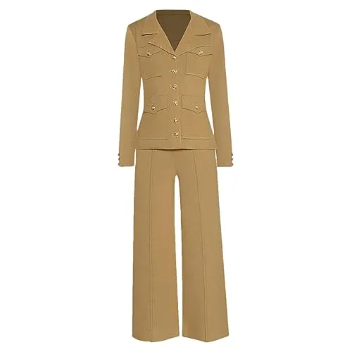 Fulbant Women Runway Knit Pants Set Turn-Down Collar Long Sleeve Coat + Pants 2 Pieces Suit Autumn Winter champagne M steampunk buy now online