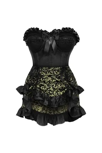 Daisy corsets Women's Top Drawer 2 Pc Satin Steel Boned Burlesque Corset Brocade Skirt Set, Black/Gold, S (Pack of 2) steampunk buy now online