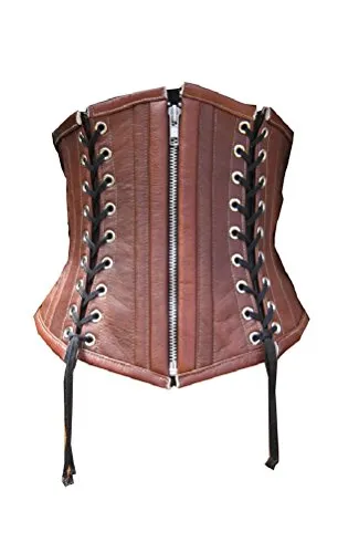 Brown Real Leather Black Lace Gothic Steampunk Bustier Underbust Corset Costume steampunk buy now online