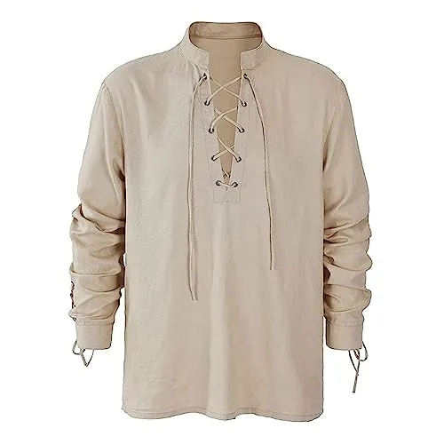 Men's Renaissance Shirts Cotton Linen Medieval Steampunk Shirts UK Sale Clearance Victorian T Shirt Long Sleeve Outfit Vintage Carnival Cosplay Blouse Henley Tops Loose Fit Pirate Shirts Khaki steampunk buy now online