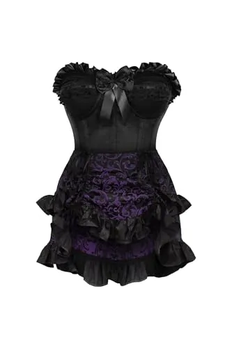 Daisy Corsets Top Drawer 2 PC Black Satin Steel Boned Burlesque Corset & Purple Brocade Skirt Set, Black/Purple, S steampunk buy now online
