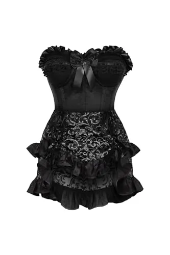 Daisy Corsets Top Drawer 2 PC Black Satin Steel Boned Burlesque Corset & Silver Brocade Skirt Set, Black/Silver, S steampunk buy now online