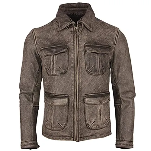 Distressed Motorcycle Leather Jacket Thick Cowhide Slim Moto Biker Leather Coat Men Winter Clothing Gray steampunk buy now online