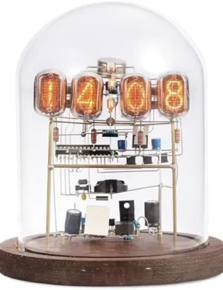 Glow Tube Clock, Nixie Tube Clock, Classic Retro Tube Clock LED Punk Tube Clock Kit with Round Glass Wooden Base, Digital Cyberpunk-Style Steampunk Desktop Decor(B Dark Wood Base) steampunk buy now online