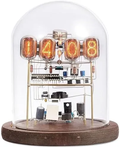 Glow Tube Clock, Nixie Tube Clock, Classic Retro Tube Clock LED Punk Tube Clock Kit with Round Glass Wooden Base, Digital Cyberpunk-Style Steampunk Desktop Decor(B Dark Wood Base) steampunk buy now online