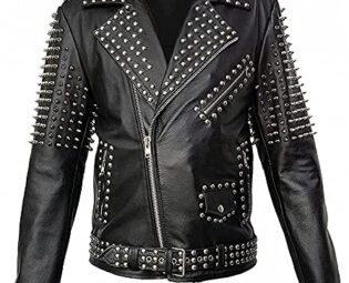 UBAll Men Real Leather Durable Cone Spike Jacket Black steampunk buy now online