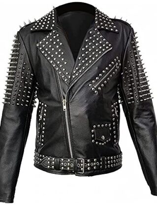 UBAll Men Real Leather Durable Cone Spike Jacket Black steampunk buy now online