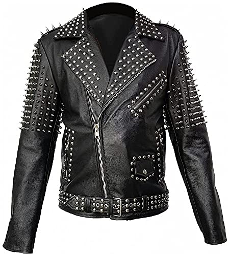 UBAll Men Real Leather Durable Cone Spike Jacket Black steampunk buy now online