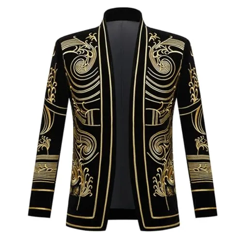 Mens Stylish Court Prince Black Fleece Gold Embroidery Blazer Suit Jacket Wedding Party Prom Suit Blazers Gold Black 3 S steampunk buy now online