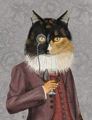 CANVAS-FRAMED-with-AMERICAN-BOX Tortoiseshell Cat and Brandy Glass Fab Funky - Whimsical vertical Art print steampunk silly funky fabulous Floating frame 27_X_21_in steampunk buy now online