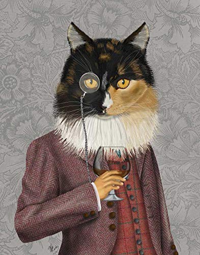 CANVAS-FRAMED-with-AMERICAN-BOX Tortoiseshell Cat and Brandy Glass Fab Funky - Whimsical vertical Art print steampunk silly funky fabulous Floating frame 27_X_21_in steampunk buy now online