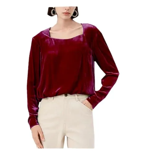 Women's Mulberry Velour Long-Sleeved Shirt Spring Summer Vintage Square Collar Pullover Hoodie Claret S steampunk buy now online