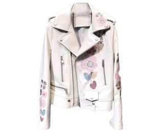 Spring Leather Jacket For Women, Short Goatskin Embroidered Lychee Print Motorcycle Leather Jacket steampunk buy now online