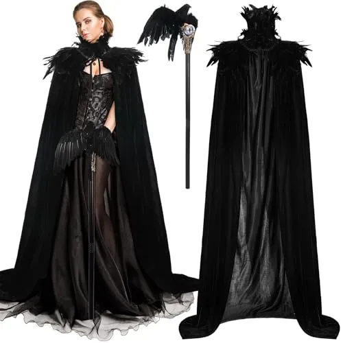 Toulite 3 Pcs Women Halloween Evil Black Style Queen Costume Witch Crow Gothic Feather High Collar Cape Cosplay Party Props steampunk buy now online