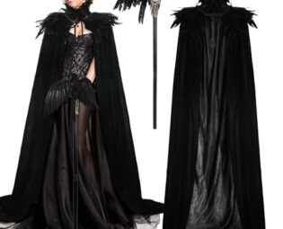 Toulite 3 Pcs Women Halloween Evil Black Style Queen Costume Witch Crow Gothic Feather High Collar Cape Cosplay Party Props steampunk buy now online