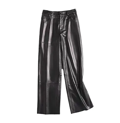 Women Genuine Leather Pants Wide Legging Sheepskin Trousers High Waist Loose Streetwear Pants steampunk buy now online