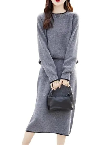 YTR6TW Women Spring Autumn Winter Merino Wool Knit Sweater Tops And Skirt Two-Piece Sets Female Clothing Fashion Suit steampunk buy now online