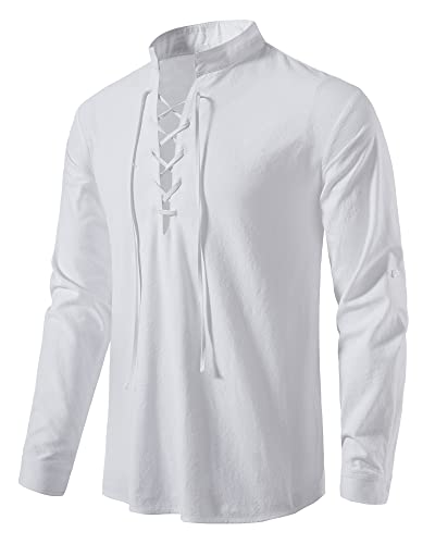Men Retro Cotton Lace Up Shirt Medieval Costume Tops for Pirate Renaissance Halloween Cosplay Viking Tunic Steampunk Vampire Gothic Victorian Clothes-A275-White-S steampunk buy now online