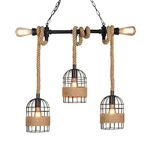 PEHUB Retro Metal Cage Hemp Rope Pendant Suspension Lantern Vintage 5 Lights Farmhouse Rustic Hanging Lantern Fixtures Steampunk Vintage Water Pipe Hall Cafe Indoor Deco Lighting Flush Mount Light steampunk buy now online