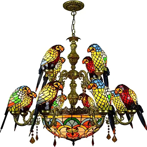 USMJQVZ European Vintage Large 2 Tiers Ceiling Lamps Chandelier,Stained Glass Parrot Design 12-arms Pendant Lights Fixtures For Dining Room, Hotel, Stairway, Bar- steampunk buy now online