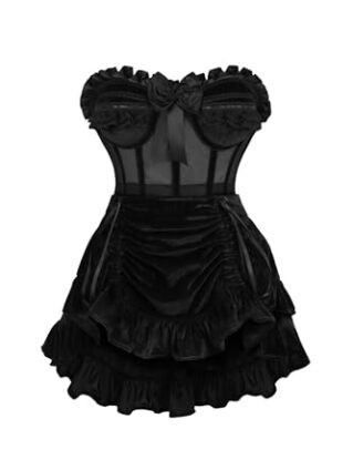 Daisy Corsets Top Drawer 2 PC Steel Boned Black Mesh & Velvet Underwire Bustier Corset & Skirt Set - Luxury Brand, Black, XS steampunk buy now online