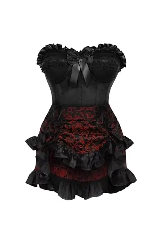 Daisy corsets Womens 2 Pc Black Satin Steel Boned Corset & Red Brocade Skirt Set Bustier Dress, Black/Red, XL steampunk buy now online