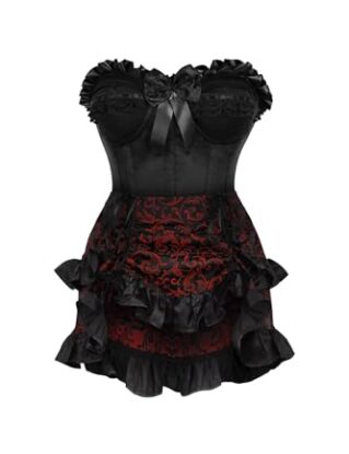 Daisy corsets Womens 2 Pc Black Satin Steel Boned Corset & Red Brocade Skirt Set Bustier Dress, Black/Red, XL steampunk buy now online