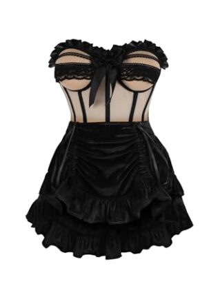 Daisy Corsets Top Drawer 2 PC Steel Boned Nude & Black Mesh Underwire Bustier Corset & Skirt Set - Luxury Brand, Beige/Black, XS steampunk buy now online