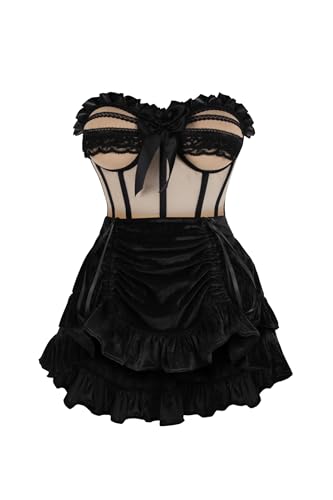 Daisy Corsets Top Drawer 2 PC Steel Boned Nude & Black Mesh Underwire Bustier Corset & Skirt Set - Luxury Brand, Beige/Black, XS steampunk buy now online
