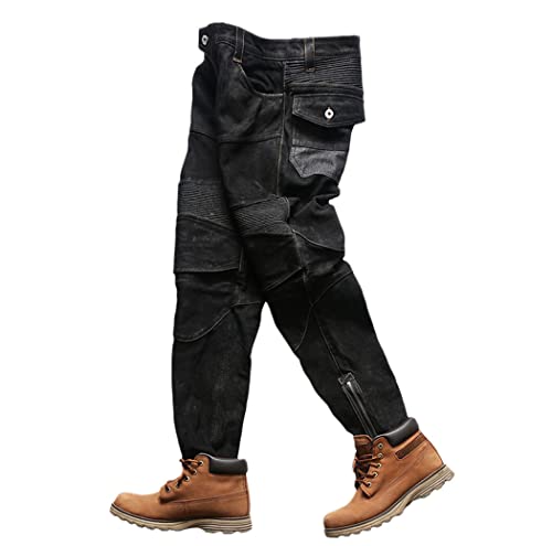 Black Motorcycle Genuine Leather Trousers Autumn Men Plus Size Sheepskin Slim Fit Pants steampunk buy now online
