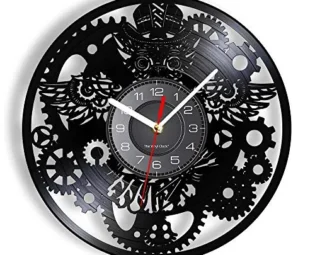 ELD 30cm Steampunk Owl Retro Wall Clock Industrial Gears CD Vinyl Album Record Gothic Home Decor Grandfather Victorian Colors Watch with 7 Colors Change Friend Gifts Lamp Lights steampunk buy now online